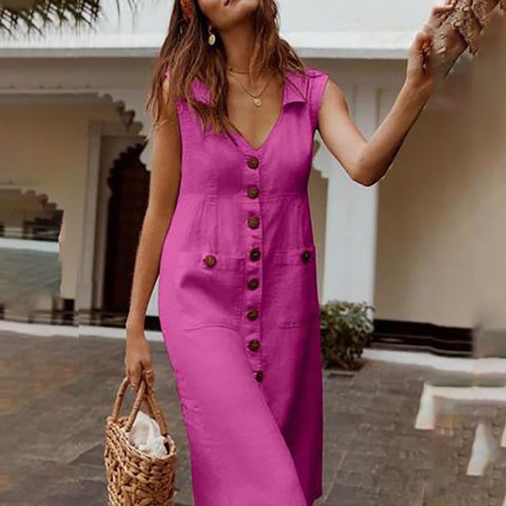 Boho Style Plus Size Casual Solid Color Sleeveless Midi Dress