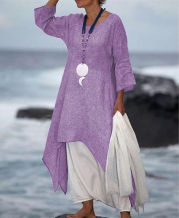 New Solid Color Linen Dress Loose Long-Sleeved Cotton Dress