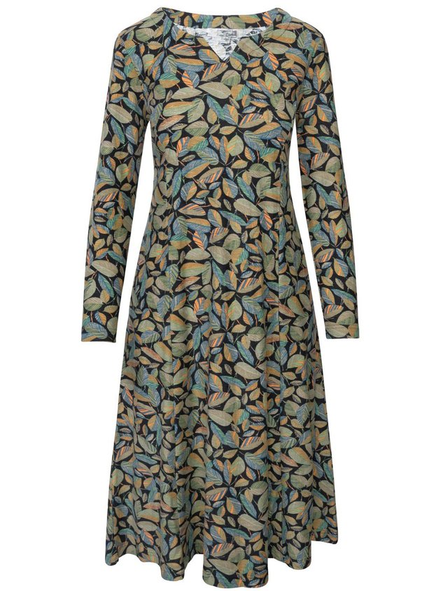 Women Leaf Notched Long Sleeve Comfy Boho Midi Dress