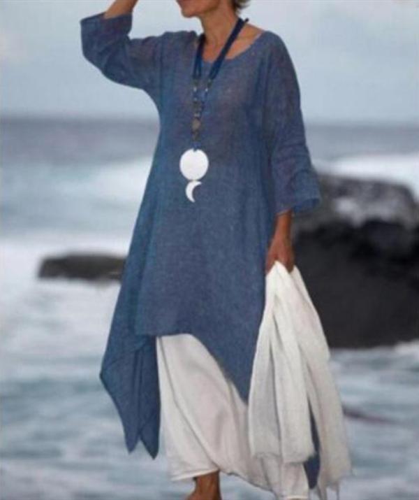 New Solid Color Linen Dress Loose Long-Sleeved Cotton Dress