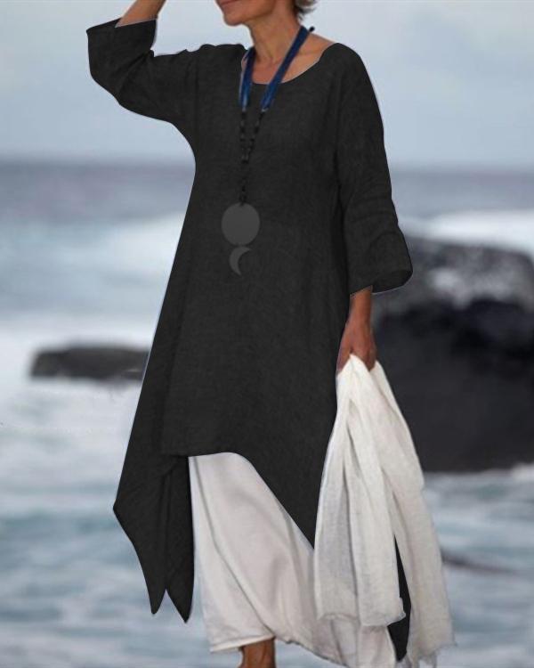 New Solid Color Linen Dress Loose Long-Sleeved Cotton Dress