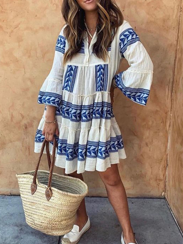 Boho Vacation V-neck Print Mini Dress