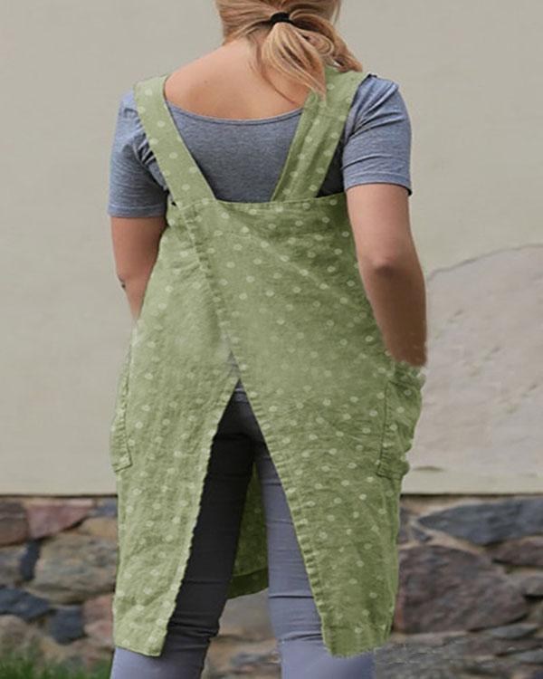 Dot Print Double Pockets Apron Linen Dress