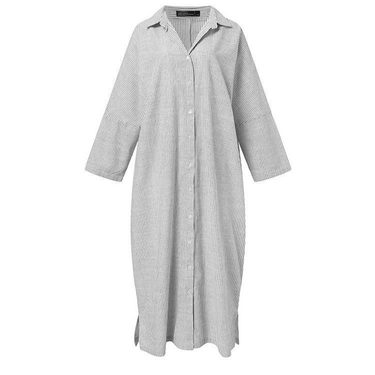 Women's Striped Button Print Shift Maxi Long Dress