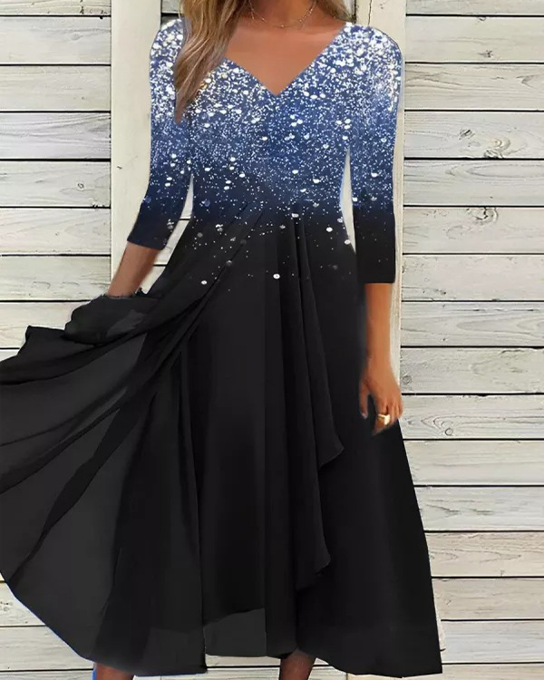 Elegant Print V-Neck Long Sleeve Dress