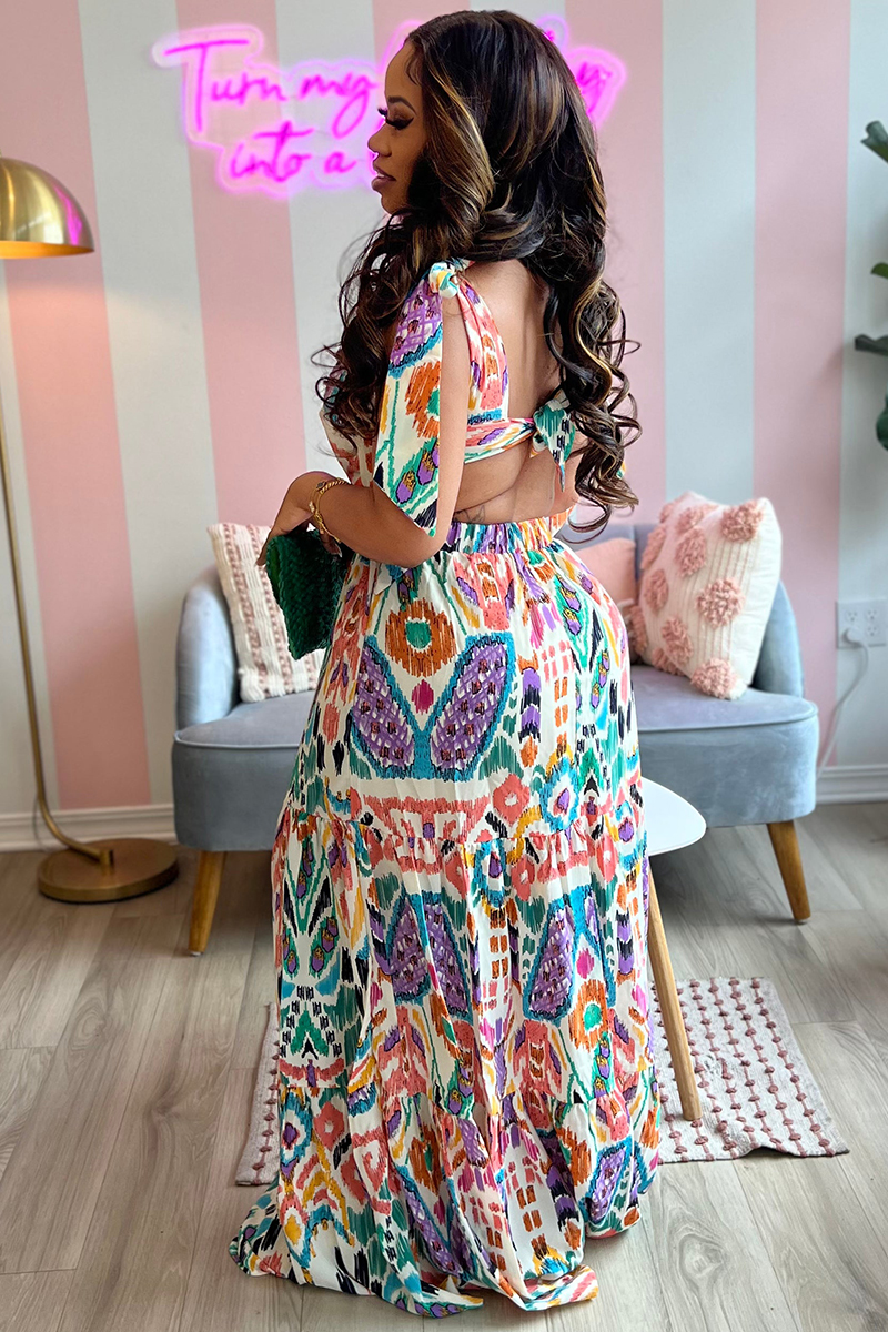 Deep V Neck Straps Tied Up Backless Boho Pattern Print Maxi Dresses [Pre Order]