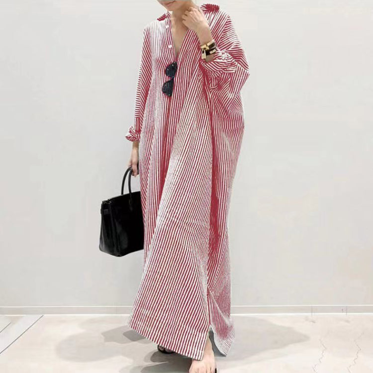 Women's Striped Button Print Shift Maxi Long Dress