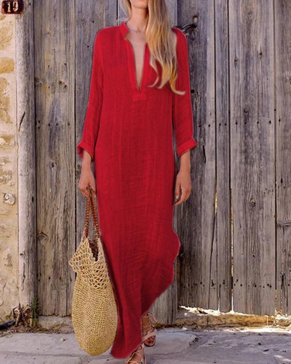 Women Shift Beach Holiday Linen Cotton Long Sleeve Plus Size Dress
