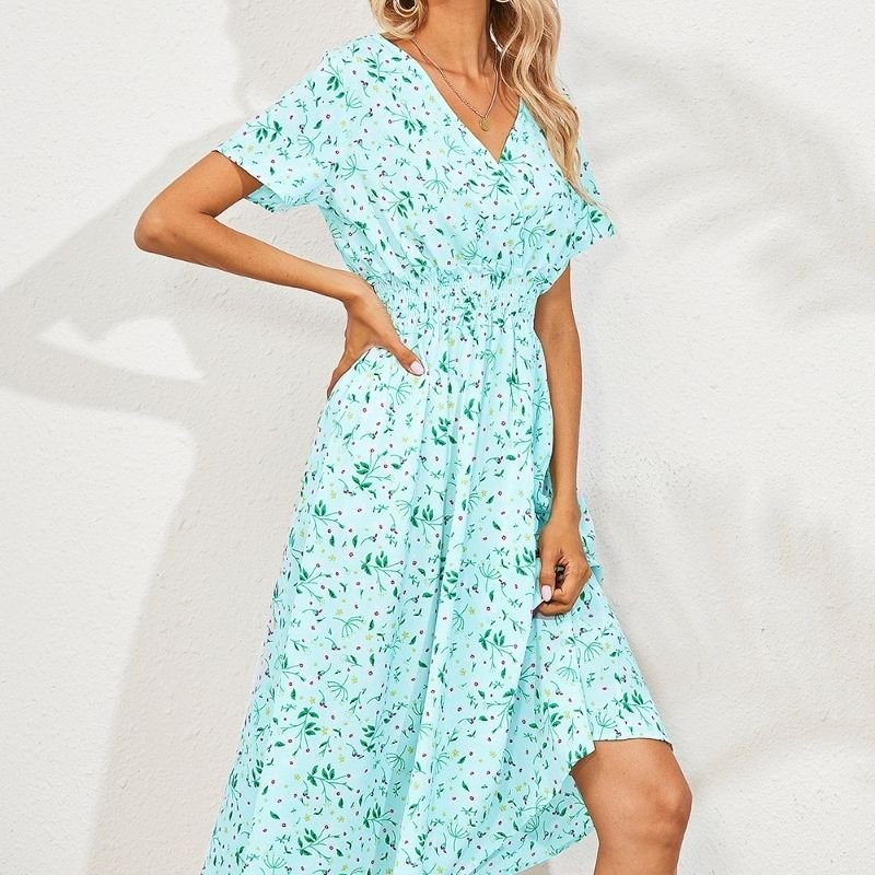 Floral Print Elastic Waist Surplice Front A-line Dress