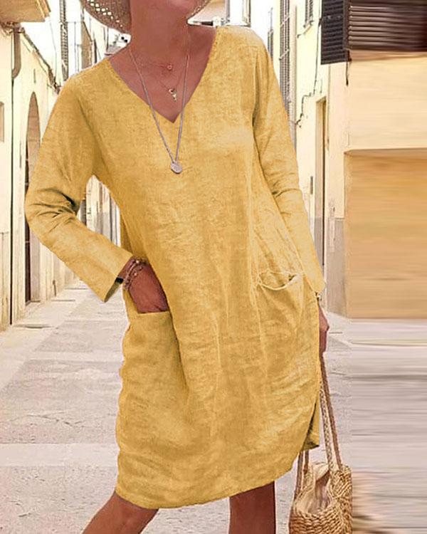 Casual Solid Tunic V-neckline Shift Dress